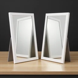 two mirrors with a white frame standing parallel to each other refracting each other recursively on a table, octane render 8 k