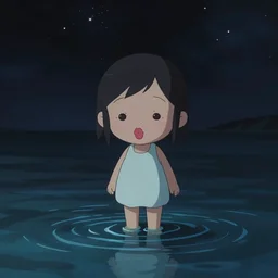 cute girl with puckered lips standing on top of water looking down with curiosity into the dark abys with the stars above reflecting onto the water, trending on artstation, trending on deviantart, cinematic lighting, high detail, greg rutkowski