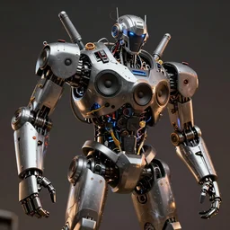 a massive humanoid robot made from electronic instruments has large audio speakers for a face and plays incredibly loud music, powerful, cinematic, beautifully lit, by craig mullins, by galan pang, 3 d, trending on artstation, octane render, 8 k