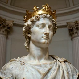 portrait of jeff bezos in the form of a giant greek statue in marble, with a gold crown, baroque elements in the background, museum. intricate artwork by michelangelo. photorealistic. ultra detailed. flash. octane render. cinematic. 4 k bokeh.