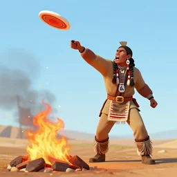 first nations man yelling angrily while throwing a frisbee into a pit of fire