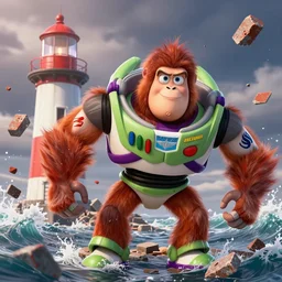 red orangutan as buzz lightyear making ruined lighthouse unstable, particles, fallen bricks, waves in stormy sea, pixar movie 2 0 2 2, photo realistic, highly detailed, perfect face, fine details, by carl spitzweg, ismail inceoglu, vdragan bibin, hans thoma, greg rutkowski, alexandros pyromallis