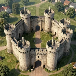 inner ward of a medieval castle, round, six towers, double walls, main gates, viewed from bird's-eye, concept art, key visual, realistic, detailed, architecture, digital art