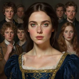 portrait of a woman with green eyes and freckles, dressed in a navy blue gown with gold embroidered details, dark brown hair, detailed face, fantasy, highly detailed, cinematic lighting, digital art painting by greg rutkowski, fine details by realistic shaded lighting poster by ilya kuvshinov katsuhiro otomo, magali villeneuve, artgerm, jeremy lipkin and michael garmash and rob rey