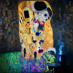 miro, klimt, brutalist, bakzinski, contrast, vallejo, shimmer, leds, flare, shift tilt, bokeh, ornate, entities, eyeball in throat, alternative human evolution, each decades concept of another decade, the boy is followed by the computer, i see my friend made of ink and smoke when i close my eyes, cthulhu designed by leonardo
