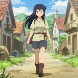 anime still frame of a young female walking through a medieval village, dynamic pose, dynamic perspective, detailed silhouette, detailed, intricate, cel shaded, minimalist. simple, manga, ilya kuvshinov