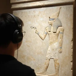 person wearing over-ear headphones and glasses inscribed on the wall of a tomb in egypt, historical, artifact, marble, stone, national geographic, relic
