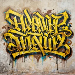 matte painting extreme offset 3 d calligraphy graffiti mural dripping paint wall extreme maximalism by atey ghailan, by greg rutkowski, by greg tocchini, by james gilliard, by joe fenton, yellow, brown, black and cyan color scheme, octane render