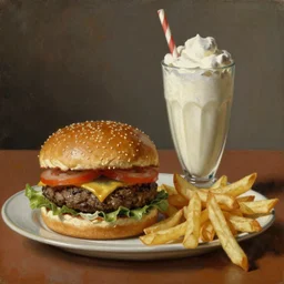 Closeup of a Hamburger, french fries and a milkshake on a table, oil painting by Rembrandt van Rijn