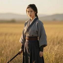 female samurai standing in a field in the style of Ruan Jia, golden hour