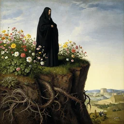 a cloaked woman stands on a cliff edge of flowers, below the cliff are terrifying roots and thorns, by jan van eyck