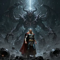 Thor and the unspeakable eldritch horror in the plane of darkness and blackholes, 8k 4k in the style of Wayne Barlowe
