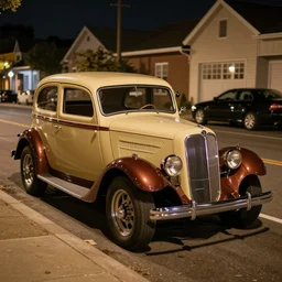 old timer car on a street at night, ultra realistic, 8 k, beautiful