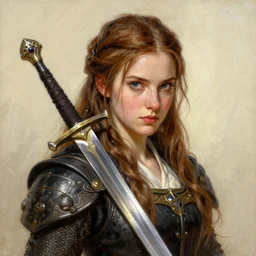 drawing painting portrait of a noble young woman with a sword in style of game art lord of the rings banner saga ashes of gods toriyama gant miura kentaro photorealistic frank miller alex ross trending