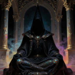 a close - up view portrait of a silhouetted supernatural wizard meditating in baroque neoclassicist halls with iridescent metallic technology., detailed textures. glowing colorful fog, dark black background. highly detailed fantasy science fiction painting by moebius, norman rockwell, frank frazetta, and syd mead. rich colors, high contrast. artstation