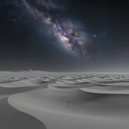 a gray desert on an alien planet with a nebula for a sky, city visible in the distance, artstation, concept art