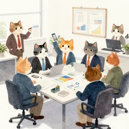 watercolor illustration style, group of office workers cats in jackets select a different type of project before start design production, business, inspiring art