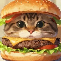 full close up image burger food with cat, cat face behind, close up, full image, food, burger, hamburger, tasty look, artstation, style of jesper ejsing, by rhads, makoto shinkai and lois van baarle, ilya kuvshinov, rossdraws