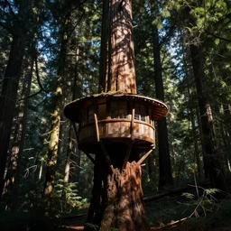 treehut in a redwood by alex andreev, landscape, high contrast, digital