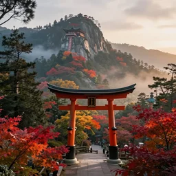 traditional Japanese Torii in a colorful magic moutain with trees ,morning , by Grzegorz Rutkowski, concept art