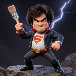 bob ross dressed as a superhero, standing on rocky ground, angry expression, detailed facial features, lightning behind, dark background, action pose, holding a paintbrush, ultra - detailed, intricate, detailed shadows and textures, 8 k, action pose, photorealism