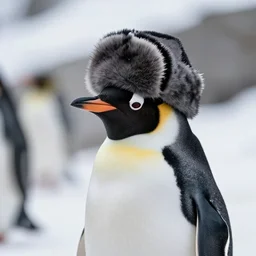 a picture of a penguin wearing a ushanka. russian ushanka