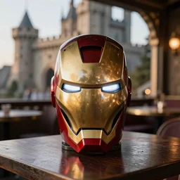 a reflective steel engineering mask of ironman at a high end bar in a table, medieval themed castle in golden afternoon light, professional food photography