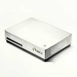a stylized detailed drawing of a first generation xbox, pencil style, wrong perspective 2d drawing by ochiai shohei