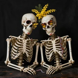 two skeletons leaning on each other, mimosa blossoms in the eye sockets, butterflies and worms, day of the dead, Dutch masters, still life