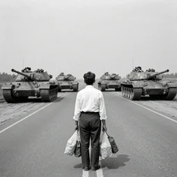 old historic photograph with person in white shirt, holding grocery bags, standing alone on the road facing four battle tanks approaching him, intense photo
