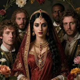 portrait of the indian queen of the underworld, surrounded by flowers by karol bak, james jean, tom bagshaw, rococo, sharp focus, trending on artstation, cinematic lighting, hyper realism, octane render, 8 k, hyper detailed.