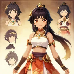 character sheet for a cute hindu girl for genshin impact by ilya kuvshinov and studio ghibli and wlop and rossdraws, digital art, trending on artstation, hd, 8 k, highly detailed, good lighting, beautiful, masterpiece