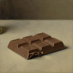Closeup of a piece of chocolate on a table, oil painting by Rembrandt van Rijn