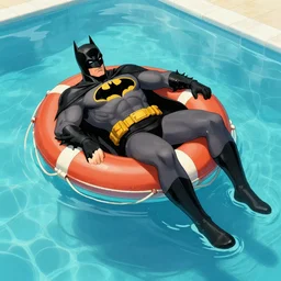 realistic comic of batman, he is lying over a colorful life preserver and relaxing while he is floating over a giant pool, he is drinking an exotic pineaple drink and wearing sunglasses, by neal adams, aerial view, high detail, unreal engine 5, trending on artstation