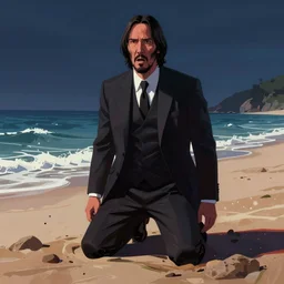highly detailed full body portrait of suffering john wick kneeling on a beach looking with horror into the dark abys, concept art by jama jurabaev cel shaded ultra wide cinematic shot trending on artstation high quality brush stroke hyperspace vibrant