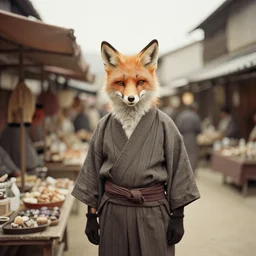 1 8 th century japanese street market in kyoto 1 9 0 0 s photography photo portrait anthro anthropomorphic fox head animal person fursona wearing clothes street trader