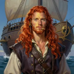 epic fantasy portrait painting of a long haired, red headed male sky - pirate in front of an airship in the style of the simpsons