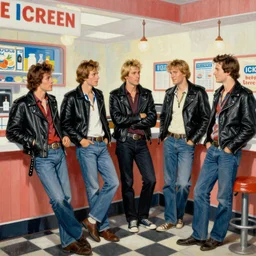 edwin lord weeks, norman rockwell, painting, greaser biker gang, black leather jackets, greaser biker gang hanging out at the ice cream parlour
