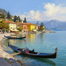 italian town with gondola boats on shoreline of lake tahoe low tide low water level and a roman style jetty, digital painting, high quality, dreamlike, volumetric lighting, trending on artstation