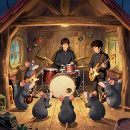 rats playing in a rock band inspired by the beatles, inside a wooden house, style by disney, studio ghibli, pixar, intricate, highly detailed, digital painting, artstation, concept art, 7 0 s pallete, high quality, trending on artstation