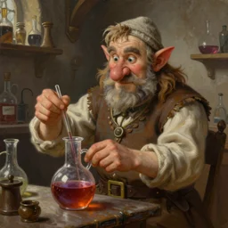a beautiful portrait painting of a big nosed and young dnd alchemist dwarf mixing a potion in medieval lab, artstation, deviantart, art by keith parkinson and greg rutkowski and tim hildebrandt
