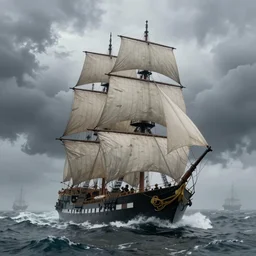 giant sailing battleship with ten sails, raging sea foggy, dramatic, action scene, stormy background, shipfleet on the horizon, high detail, greg rutkowski, james gurney, gene wolfe, gustave dore, jesper ejsing, rhads, makoto shinkai, ilya kuvshinov