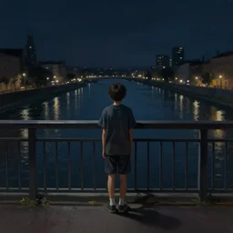 a lonely boy on a city bridge looking to the river at night, digital painting, masterpiece, digital art, hyperrealistic, concept art, octane render, unreal engine 5, trending on deviantart, sad atmosphere, centered, anatomically correct, oil painting, high contrast, serene scenery, loneliness, path traced, dark night, paul lehr, 2 d