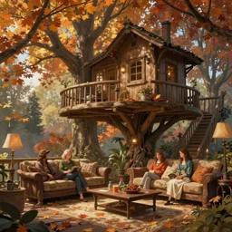 autumnal treehouse living room, interior design, interior, d & d, fantasy, portrait, highly detailed, digital painting, trending on artstation, concept art, sharp focus, illustration, art by artgerm and greg rutkowski and magali villeneuve