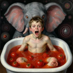 a boy like eraserhead and elephant man sitting in a tub full of tomato sauce, looking straight into camera, screaming in desperation, by giuseppe arcimboldo and ambrosius benson, renaissance, fruit, fractal elements, intricate and intense oil paint, a touch of beksinski and hr giger and edward munch, realistic