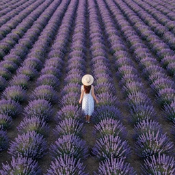 dreamy aerial view of a girl with hat in middle of the beautiful lavender field, highly detailed, symmetric, drone photography, landscape photography, photorealism, smooth 4k