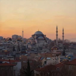painting of skyline of istanbul at sunset, natural light, concept art, by greg rutkowski, cozy atmospheric and cinematic lighting