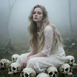 cinestill 5 0 d portrait of a dreamy beautiful woman britt marling 3 / 4 by roversi sitting on skulls in a misty garden, long hair, wearing lace, 3 5 mm lens, 8 k, elegant, highly detailed, pale mute matt, soft blur, artstation, sharp focus, head in focus