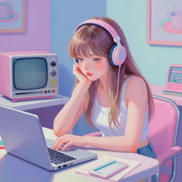 retro 9 0 s, lofi girl aesthetic, girl studying in her room, pastel vaporwave colors, anime, hyperrealistic painting, by stanley twardowicz, ilya kuvshinov, rossdraws