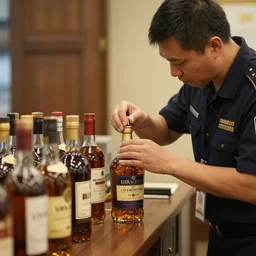 a man in a uniform observing the sealing of a number of important looking bottles of spirits
